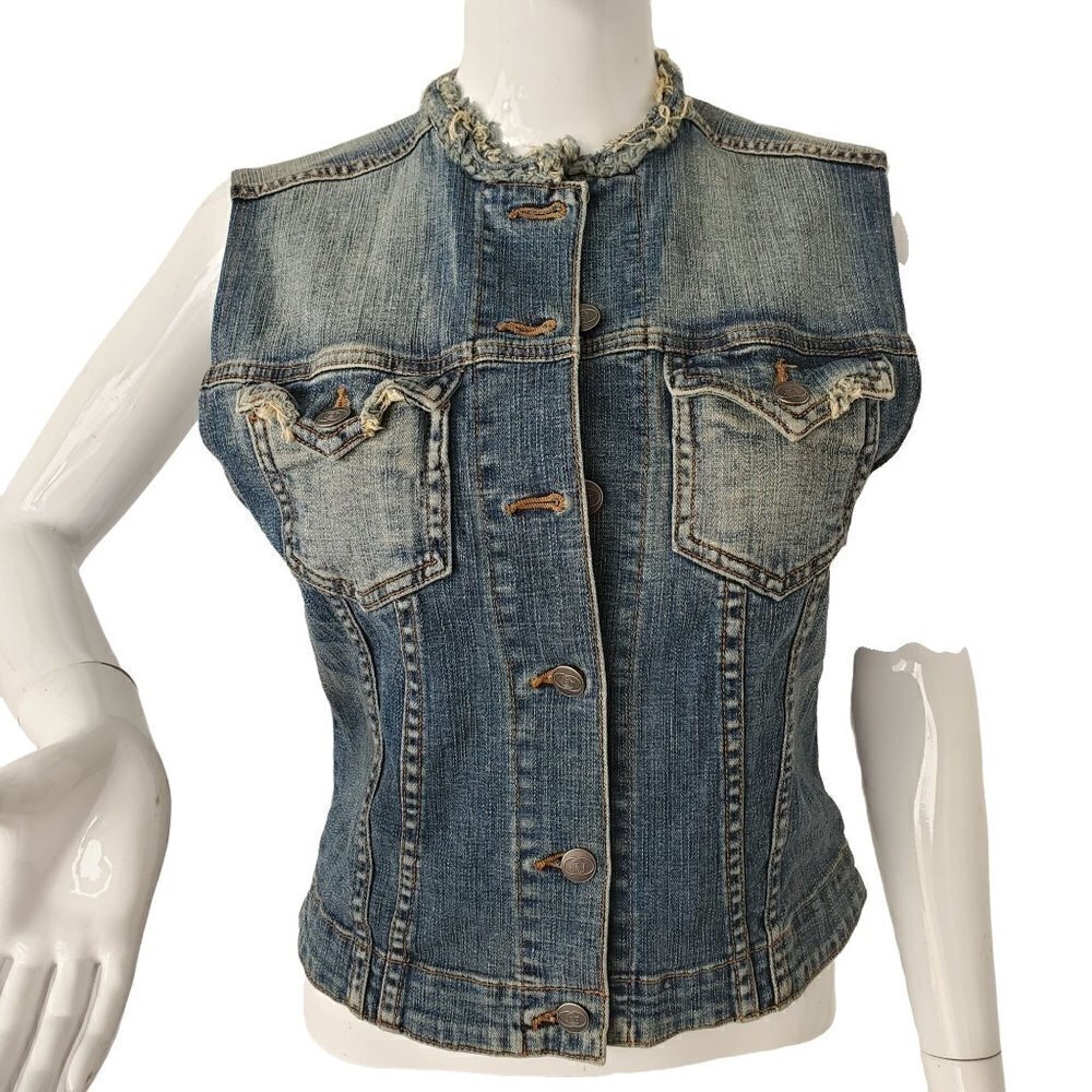 JET Jon Eshaya Denim Vest Sleeveless Med Wash Distress Collarless Womens PSmall